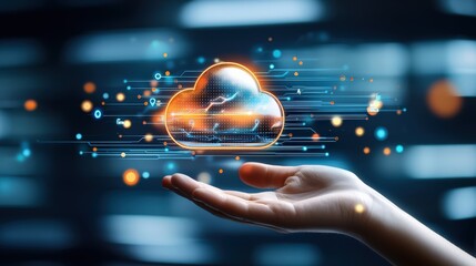 Poster - A clean white background featuring a hand holding a transparent cloud icon, representing global technology, networking, and seamless digital storage concepts.