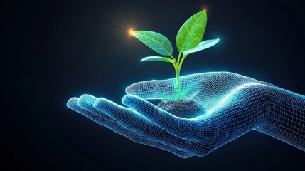 Poster - A digital human hand with glowing wireframe lines holding a sprout in its open palm, representing the future of eco-friendly technology and biotechnology on a light navy blue background.