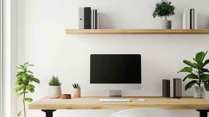 Poster - Minimalist workspace with a computer monitor, plants, and books on a shelf.