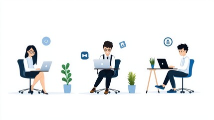Poster - A flat-style vector of young Asian office workers on a remote team video call, showcasing work-from-home lifestyle during social distancing, isolated on a white background.