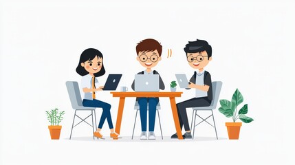 Poster - A flat-style vector of young Asian office workers on a remote team video call, showcasing work-from-home lifestyle during social distancing, isolated on a white background.