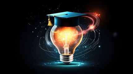Poster - A glowing lightbulb on a dark background, topped with a graduation cap, symbolizing bright ideas, innovation, and academic achievement. A fusion of knowledge and creativity.