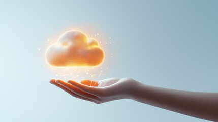 Poster - A hand gently holding a glowing cloud icon on a plain white background, representing cloud computing, data storage, and global digital networking.