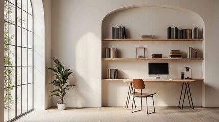 Poster - Minimalist home office with a computer, bookshelves, and a large window.