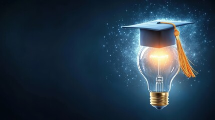 Poster - A lightbulb shining brightly against a dark background, wearing a graduation cap, representing the light of education and the spark of new ideas after graduation.