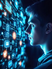 Poster - business, technology, networking and Internet of Things concept - young man show IoT solution represented by symbol connected with icons of typical on virtual screens
