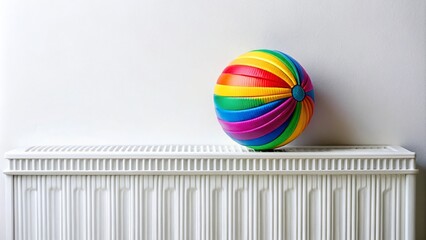 Poster - Captivating Portrait of a Colorful Ball Balancing on a White Radiator Isolated Against a Pure White Background, Showcasing Unique Composition and Minimalistic Aesthetic