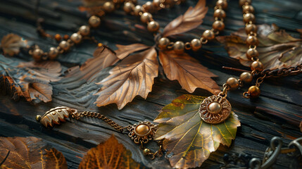 Imitation jewelry, golden bijouterie chain and earrings on leaves on wooden table.