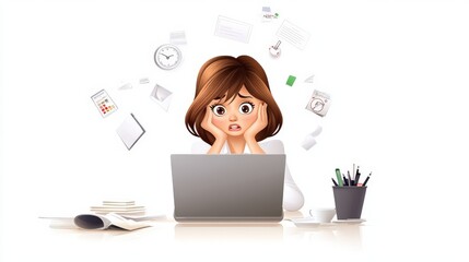 Poster - Businesswoman with a worried expression, staring at her laptop, feeling overwhelmed by work. Vector illustration showing stress and pressure in a professional environment.