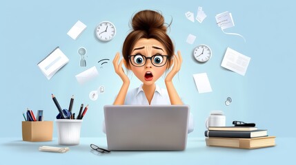 Poster - Businesswoman with a worried expression, staring at her laptop, feeling overwhelmed by work. Vector illustration showing stress and pressure in a professional environment.
