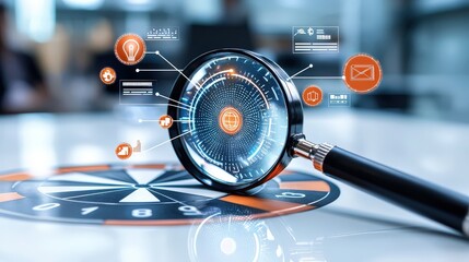 Poster - Close-up of a magnifier highlighting the center of a dartboard, with floating icons for search, goals, and strategy, symbolizing business development on a white backdrop.