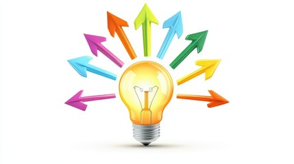 Poster - Illustration of a glowing lightbulb at the center with 8 colorful road-like arrows converging inward. Bright educational theme, playful style, white background, symbolizing ideas.