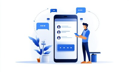 Poster - Man using a smartphone to send messages in a chat box, symbolizing live chat technology and its impact on customer engagement in social media marketing.