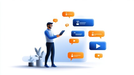 Poster - Man engaging in a live chat conversation on a mobile device, with chat box icons popping up, highlighting the role of technology in social media marketing.