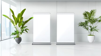 Aufkleber - Mockup of two roll-up standee banners in a sleek office hall, designed for promotional events, offering ample space for branding and marketing messages. Perfect for office event setups.