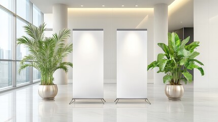 Poster - Mockup of two roll-up standee banners in a sleek office hall, designed for promotional events, offering ample space for branding and marketing messages. Perfect for office event setups.