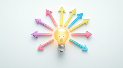 Poster - Playful design of 8 vibrant road-like arrows meeting at a glowing lightbulb. White background with bright colors, representing education, creativity, and paths to learning.