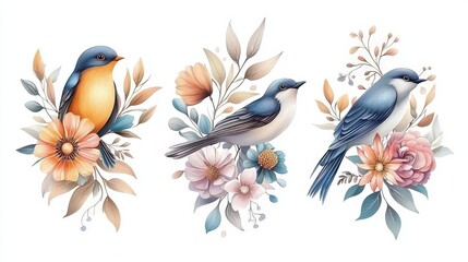 Poster - Traditional ethnic folklore style hand-drawn birds and flowers, showcasing bright, vivid colors and intricate designs, isolated on a clean white background.