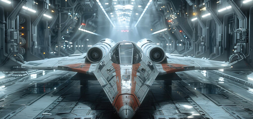Aufkleber - A fierce, fast star fighter ready to be boarded in the hangar bay of its mother ship.