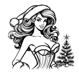 Wall Mural - sexy holiday santa pin-up girl artwork – black vector