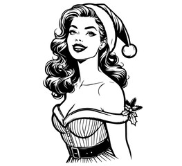 Wall Mural - sexy holiday santa pin-up girl artwork – black vector