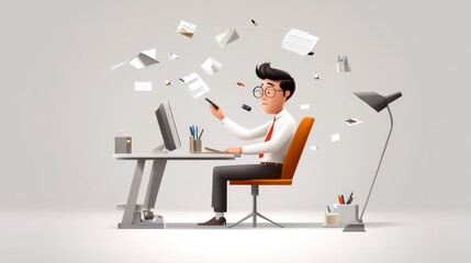 Poster - an Asian businessman overwhelmed with work at his desk, juggling between phone calls, emails, and documents. Modern office setting illustration.