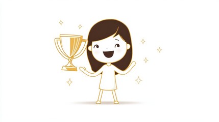 Poster - a happy woman holding a winning trophy, celebrating victory. Simple outline style with thin lines, symbolizing competition, success, and goal achievement. Editable stroke for custom design.