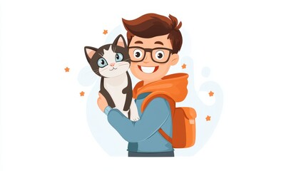 Poster - a smiling pet owner with a mischievous cat perched on his shoulder, showing their affectionate bond. Modern flat design.