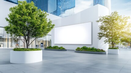 Poster - Wide horizontal advertising poster on a building's facade, offering space for digital light box display. Ideal for 12-sheet OOH (out-of-home) media mockup.