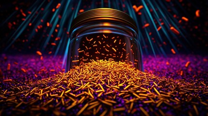 Poster - Vibrant particles erupting from jar abstract display dark environment close-up view