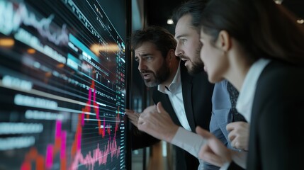 Poster - Business professionals analyze stock market trends and data in a modern conference room during a daytime meeting