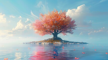 Poster - Colorful tree of life on a tiny island on a sunny day.