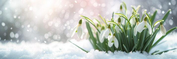 Wall Mural - Snowdrop flowers (Galanthus nivalis) growing in the snow, spring web banner with copy space