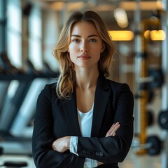 Aufkleber - A woman in business suite standing in a the middle of a gym.