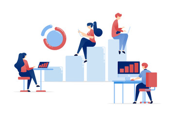 Wall Mural - vector illustration of Professionals Sit on Bar Charts Analyzing Career Improvements and Financial Achievements for Future Goals. Can be used for banners, websites, apps flyers