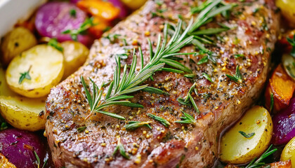 Wall Mural - Roasted pork loin with potatoes, carrots, onions, and rosemary in baking dish