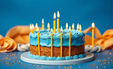 A cake with blue icing and yellow birthday candles on a blue backdrop for a birthday celebration birthday backdrop party anniversary banner design 