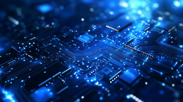 Thin circuit trace lines in blue on a dark technology background. Abstract digital tech bg. Electronics and computer technology concept. Chip and circuit board. Vector illustration with text space. 