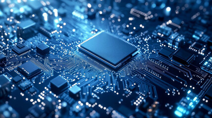 Poster - Thin circuit trace lines in blue on a dark technology background. Abstract digital tech bg. Electronics and computer technology concept. Chip and circuit board. Vector illustration with text space. 