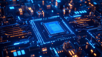 Poster - Thin circuit trace lines in blue on a dark technology background. Abstract digital tech bg. Electronics and computer technology concept. Chip and circuit board. Vector illustration with text space. 