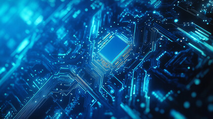 Poster - Abstract digital AI chip on the empty computer monitor. AI innovation concept. Technology blue background. Light blue processor and circuit lines on tech bg. Low poly wireframe vector Illustration.