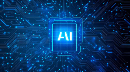 Poster - Abstract digital AI chip on the empty computer monitor. AI innovation concept. Technology blue background. Light blue processor and circuit lines on tech bg. Low poly wireframe vector Illustration.