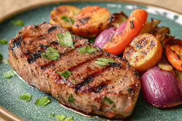 Poster - Grilled steak with roasted vegetables and fresh parsley on green plate