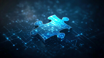 Poster - Abstract desktop and jigsaw puzzle on screen. Business solution concept on dark background. Monochrome light blue hologram style. Low poly wireframe vector illustration with connected glowing dots.