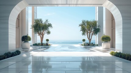 Poster - Hotel entrance, luxury, low viewpoint, elevated perspective, modern minimalist style, landscape architecture.