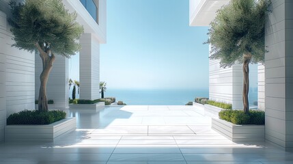 Poster - Hotel entrance, luxury, low viewpoint, elevated perspective, modern minimalist style, landscape architecture.