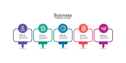 Poster - five step timeline infographic template. five colourful arrows placed in horizontal row