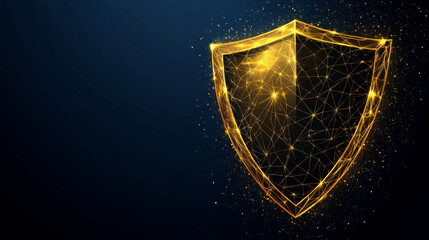 Poster - Gold Shield and touch. Abstract wireframe vector illustration on dark background. Protect and Security of Safe concept. Low poly golden starry sky digital 3d modern image. Polygonal knight sign