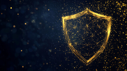 Poster - Gold Shield and touch. Abstract wireframe vector illustration on dark background. Protect and Security of Safe concept. Low poly golden starry sky digital 3d modern image. Polygonal knight sign