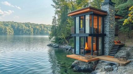 Poster - Modern fire tower tiny home made of stone and wood, floor to ceiling windows, overlooking lake in summer.